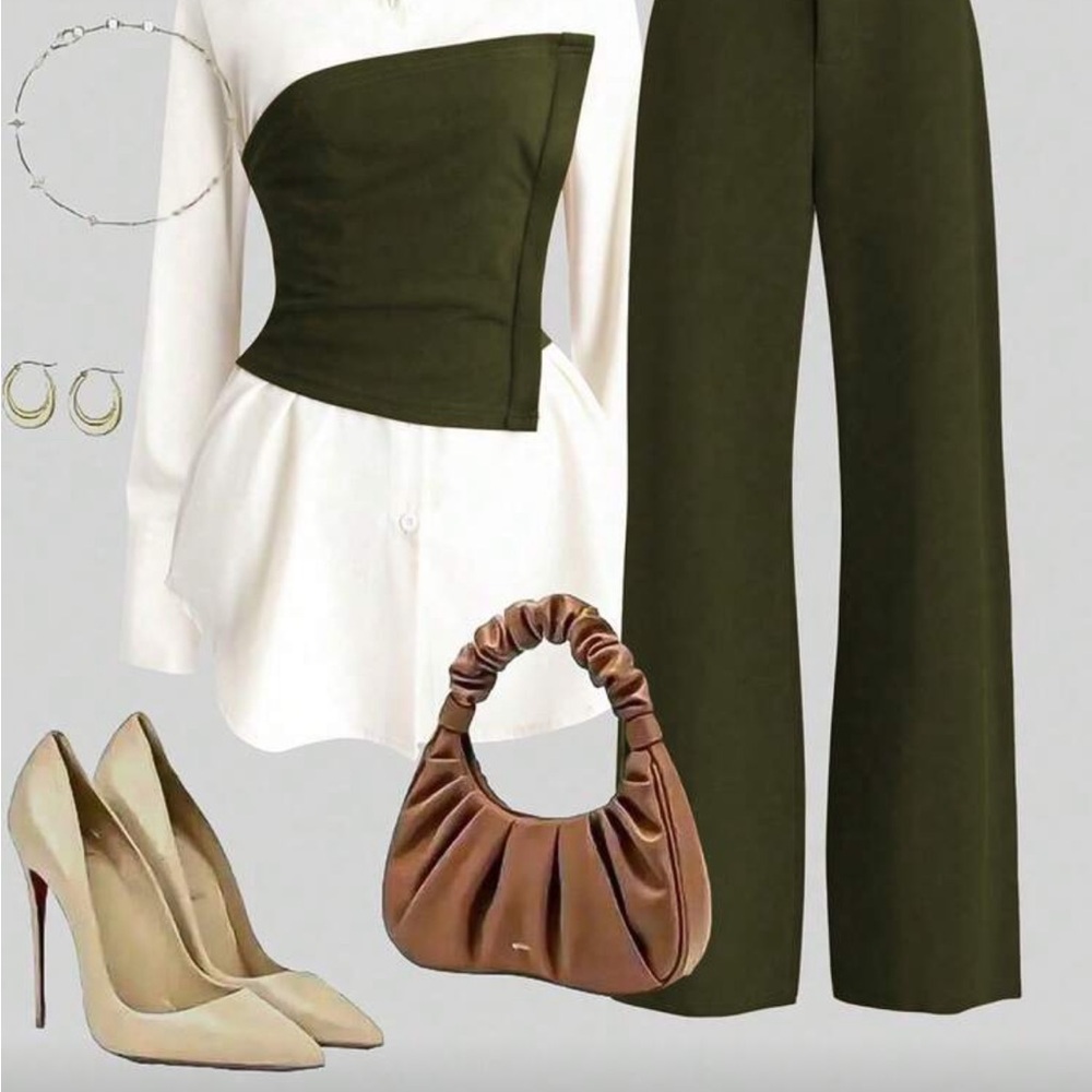 2pcs setWaist Cinching Shirt & Wide Leg Pants, Slimming Design, Lapel Collar